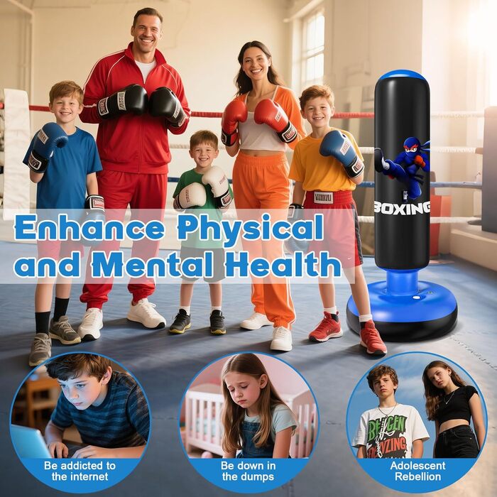 Дитячий боксерський мішок Qoosea 160 см з рукавичками та насосом, подарунок для хлопчиків та дівчаток 3–12 років. Підходить для карате, кікбоксингу, тхеквондо