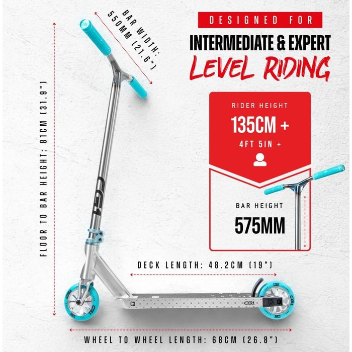 Трюковий самокат CORE Stunt-Scooter 110мм, ABEC 9, для дітей та дорослих (від 5 років), регульована висота 78-96см, сріблясто-бірюзовий + стікер Fantic26