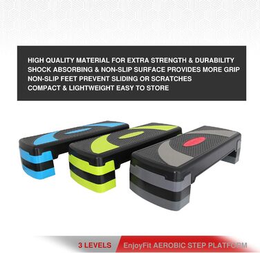 Аеробічний степ-платформа EnjoyFit XL преміум, 3-рівнева, 78x30x10/15/20 см, синьо-чорна
