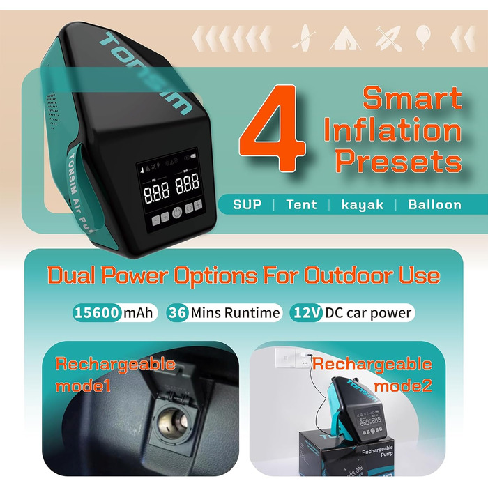 Електричний насос Tonsim Sup Pumpe 20 PSI для SUP-дощок, каяків та наметів з акумулятором та автопідключенням 12V