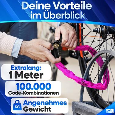 NEXTCOVER® LockPro: Захисний замок для велосипеда з кодовим замком - Оригінал - Високий рівень безпеки. Стале ланцюгове кріплення для велосипеда та електровелосипеда. Рожевий колір.