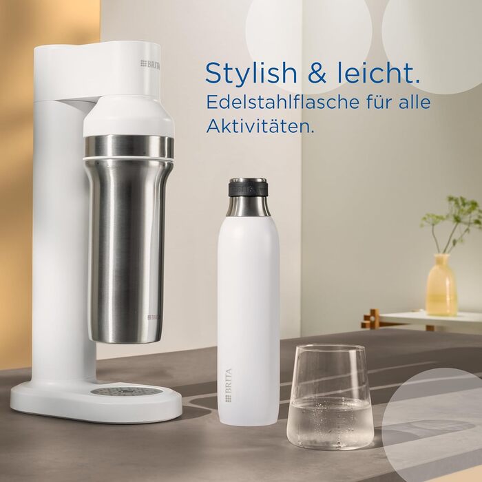 Пляшка BRITA з нержавіючої сталі 0,65 л біла для газування води sodaTRIO, ізольована, подвійні стінки, силіконовий кільце на кришці, преміум-якість