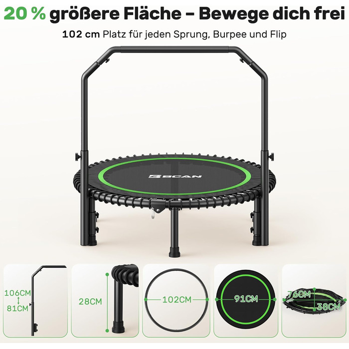 Міні-батут BCAN для дорослих, 102/122 см, до 204/250 кг, з бунжеєвими тросами, регульованою ручкою, стабільний, тихий, для дому та вулиці, тренування всього тіла, релаксація