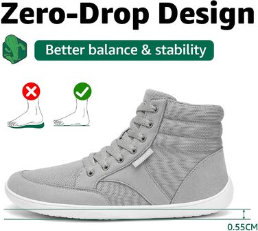 Черевики Saguaro Unisex Barfußschuhe High-Top з широкою передньою частиною та платформою Zero-Drop, розмір 36-48 (Сірий)