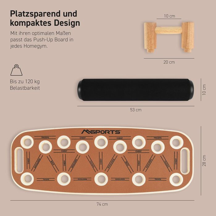 MSPORTS Push-Up Board Holz Premium: Дошка для віджимань з роликом – багатофункціональна дошка для тренування кора, балансу та сили – 15 положень, масивні ручки, антиковзаюча, обладнання для фітнесу для дому