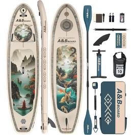 Надувний SUP-борд A&BBOARD з аксесуарами, 335х88 см, подвійна дія, рюкзак, стабільний дизайн, для юнаків та дорослих (Бежевий + Східний)