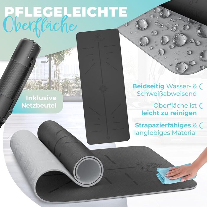 Килимок для гімнастики KESSER® з ручкою для перенесення, TPE, антиковзкий, фітнес, 183 x 61 см, для фітнесу, спорту, пілатесу та гімнастики (сірий)