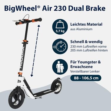 Самокат HUDORA BigWheel Air 230 з ручним гальмом, алюмінієвий, надувні колеса, міський, регулювання висоти, до 120 кг