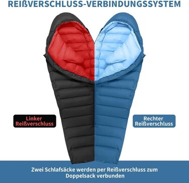 Спальний мішок Daunenschlafsack: теплий зимовий спальник з гусячим пухом 650 fill power, RDS-сертифікований. Діапазон температур: від 8°C до -30°C. Ідеально підходить для кемпінгу та альпінізму. Чорний (-10°C), Синій (-3°C)