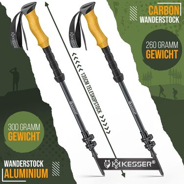 Трекінгові палиці KESSER® алюмінієві з корковим грифом | Складні/телескопічні палиці для скандинавської ходьби, туризму, гірського спорту та лижний туризм + ліхтарик для кемпінгу