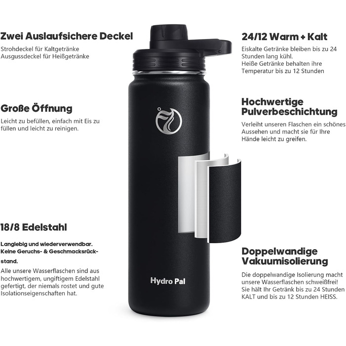 HydroPal Фляга з нержавіючої сталі - 750 мл, 1 л, 1.2 л, 1.9 л, без BPA, для газованої води, ізольована з трубочкою та 2 кришками, чорний колір