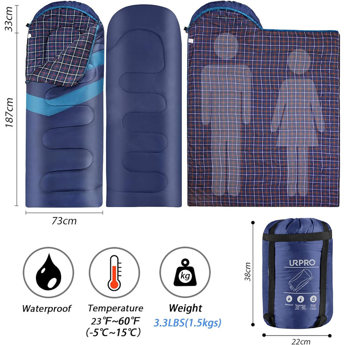 Спальний мішок URPRO 1.6 кг з фланелі для зими, осені та весни, блакитний, з матеріалу Hollowfiber, водонепроникний