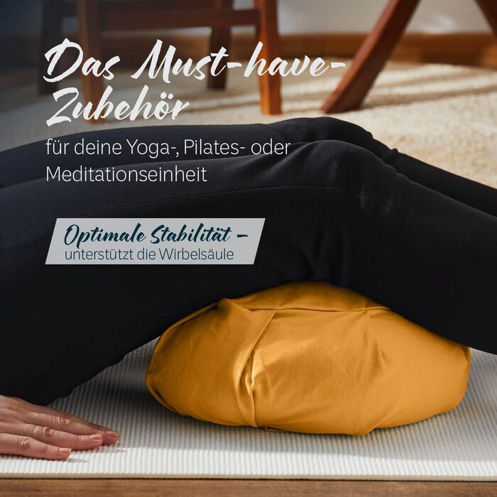 Подушка для медитації Zafu «Ganesh» DoYourYoga, напівмісяць з біо-гречаним лузгом, знімний чохол, 45x30x14 см, для його та релаксації (індійський жовтий)