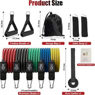 Набір еластичних стрічок для фітнесу, 5 стрічок різного рівня опору, з ручками, кігтями для ніг, фіксатором для дверей та сумкою, для пілатесу, йоги та силових тренувань