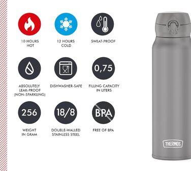 Термос-бутилка Thermos Ultralight 0,5 л, матовий місячний камінь, синя, нержавіюча сталь, ізольована, Safe Flow кришка, 10 годин гаряче / 20 годин холодне, можна мити в посудомийній машині, BPA-free