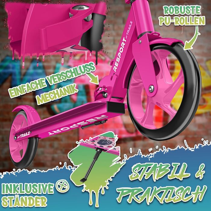 Дитячий та дорослий трюковий самокат Cityroller з дзвіночком та ремінним ременем | Регульована висота та складаний, до 100 кг | Самокат з великими колесами, рожевий