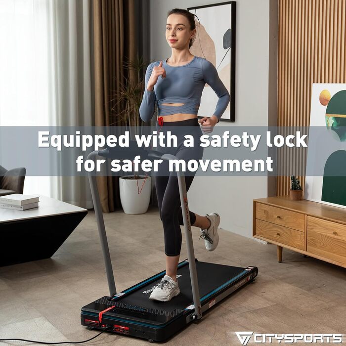 CITYSPORTS Складне електричне бігове полотно WP3 з підлокітниками, Bluetooth та аварійною зупинкою, швидкість до 12 км/год, чорно-синій колір