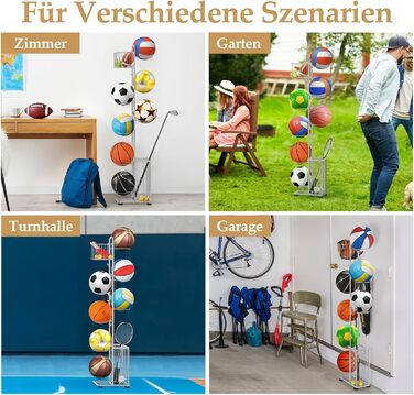 Металева стійка для м'ячів Smusei, 7-ярусна, з 2 кошиками та гачками. Організатор для баскетболу, футболу, волейболу та інших м'ячів. Сріблястий колір