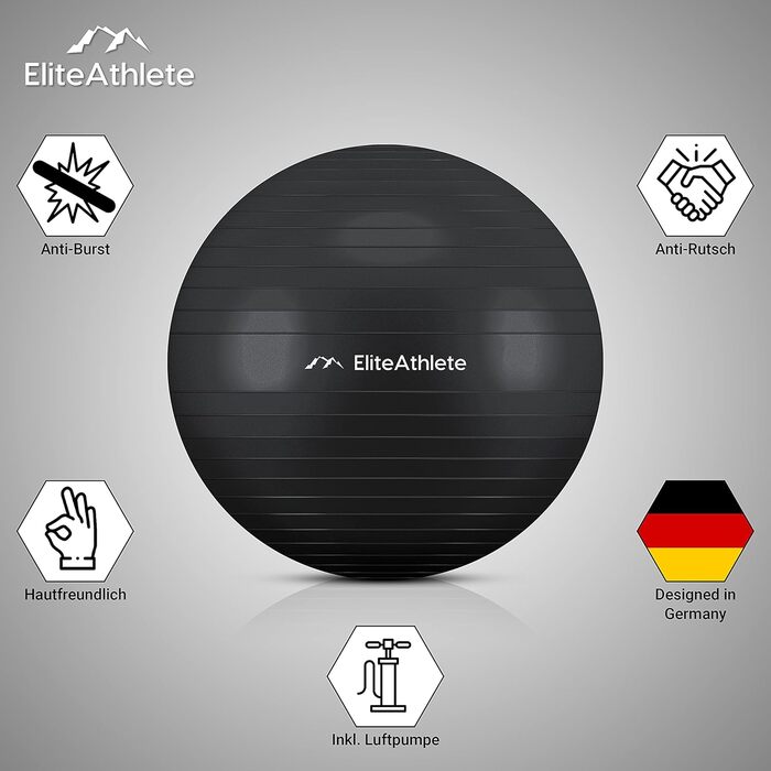 Ергономічний гімнастичний м'яч EliteAthlete з анти-вибуховою системою для офісу, фітнесу, пілатесу, йоги, вагітних, з насосом