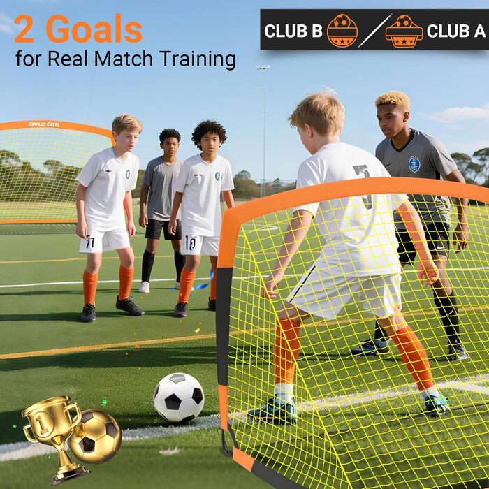 Ворота для футболу Dimples Excel Pop-Up – розкладні для дітей | 1 або 2 шт. у розмірах 120x90 / 152x110 / 213x152 см | 3 кольори на вибір | Опційно з м'ячем, насосом, фігурками та мішенню | Для саду та як подарунок (2-152x110 Оранжевий+Аксесуари)