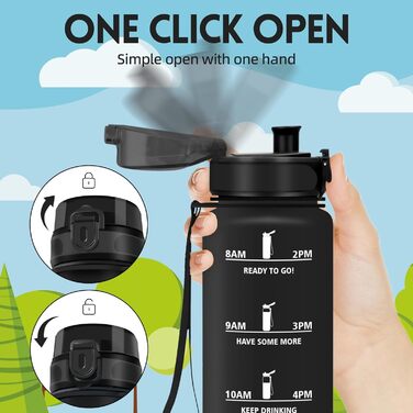 Фляга для води HoneyHolly 1л з фільтром, з маркуванням часу, для спорту, велосипеда, йоги, активного відпочинку (1л, чорний & червоний)