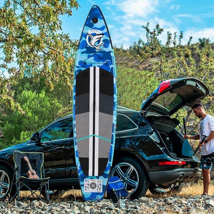 Надувне SUP-борд (Stand Up Paddle Board) з кріпленням для камери, 330x76x15 см, до 150 кг, насос, рюкзак (камуфляж, синій)