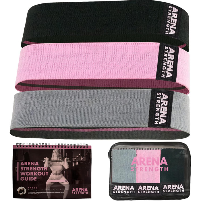Стрічки для фітнесу Arena Strength Fabric Booty Bands для стегон та сідниць | Стрічки опору для ніг та сідниць | Збірник вправ та чохол (Легкі, Середні, Важкі)