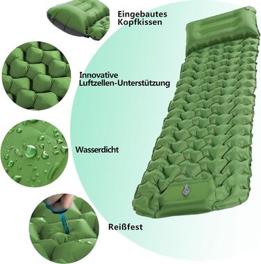 TENQUAN Килимок для кемпінгу самонадувний, 9см, для сну, відпочинку, подорожей, з насосом, для авто, намету, трекінгу, пляжу (Pfauen/Grau) (Grün)