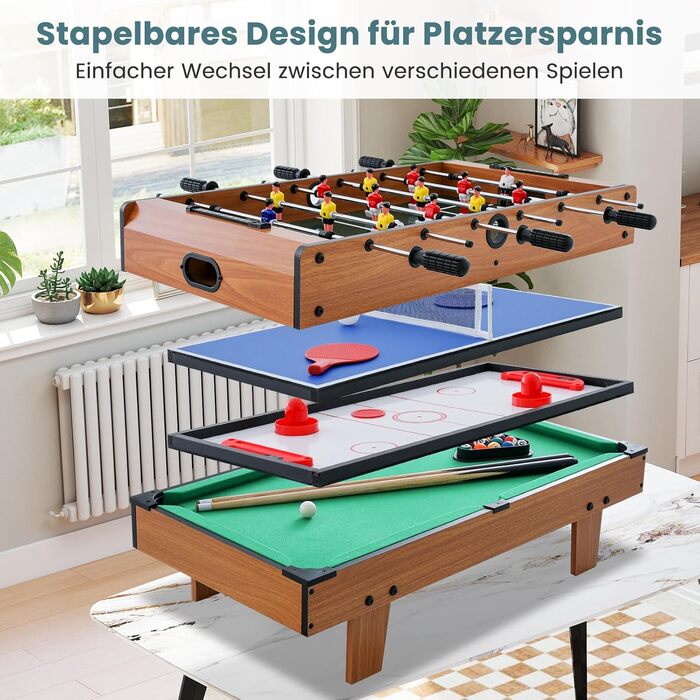 COSTWAY 4-в-1 ігровий стіл: пінг-понг, хокей, футбол, більярд, дерев'яний, для дітей та дорослих
