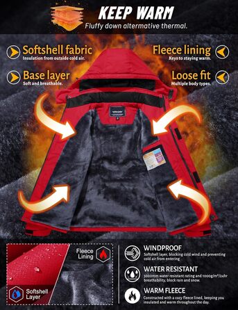 TACVASEN Зимова куртка для чоловіків, водонепроникна, тепла, флісова підкладка, софтшелл, дихаюча, функціональна куртка з капюшоном (M, Червоний)