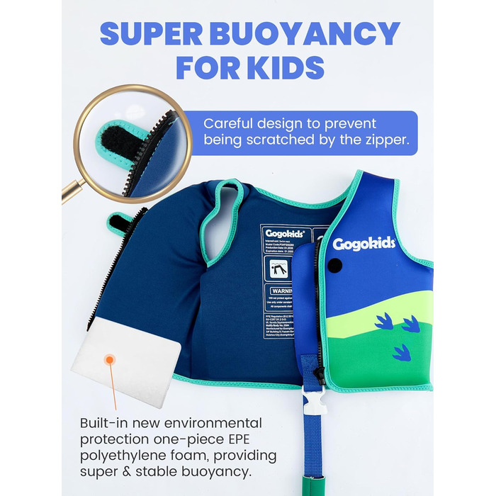 Дитячий жилет для плавання Gogokids 15-30 кг, для навчання плаванню, для малюків, неон, неопрен, регульований, 1-8 років (Зелений динозавр, L (5-8 років))