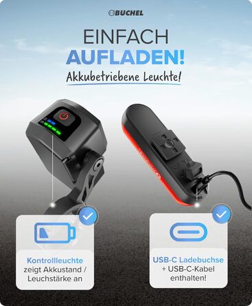Набір велосипедних ліхтів BÜCHEL: LED, USB-C, 8 годин роботи, 4 режими, StVZO, монтаж без інструментів