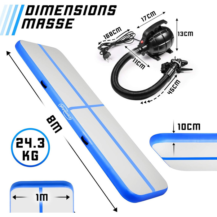 Physionics® Air Matte Track - надувна гімнастична/тренувальна матка з електропомпою, 800x100x10 см (3/4/5/6/7/8 м), блакитна