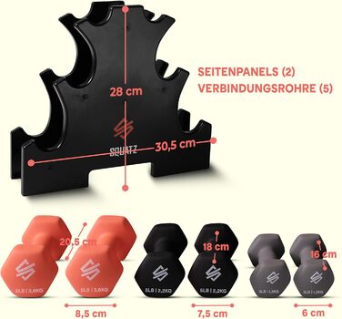 Набір неопренових гантелей SQUATZ зі стійкою 14,5 кг, 3 пари курзартлей для фітнесу, йоги та пілатесу, протиковзкі ручки, багатокольорові