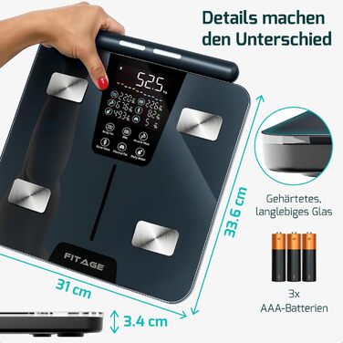 Цифрова вага-аналізатор тіла Testsieger 2025, вага до 225 кг, вимірювання жиру та м'язової маси (17 показників), аналіз тіла через додаток, великий LED-дисплей, білий колір (з ручкою)