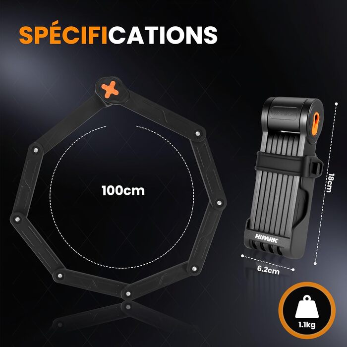 Замок для велосипеда складний 100см з ключами, висока безпека, з кріпленням, з легованої сталі, чорно-оранжевий