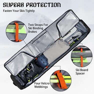 Чохол для сноуборду Goloni з роликами, для подорожей літаком, 600D водонепроникний матеріал, складаний чохол для 2 пар лиж (190см, Чорний/Білий)