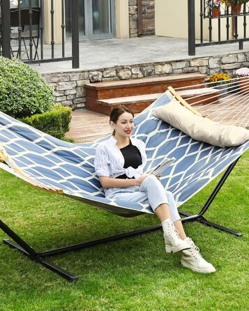 Крісло-гамак SONGMICS з подушкою, стегане, з роздільними бамбуковими дугами, з підголівником, 200 x 140 см, до 225 кг, сірий та бежевий ромбік GDC034G02