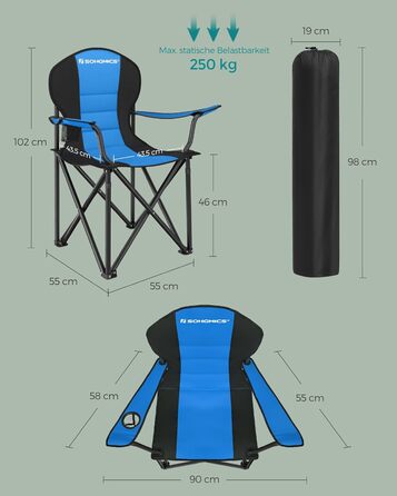 Крісло для кемпінгу SONGMICS, складане, з м'яким сидінням, 250 кг, блакитне та чорне