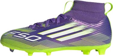 Дитячі футбольні бутси adidas F50 League Mid для гри на твердих/багатоповерххових покриттях, розмір 38 EU, колір Purple Rush Cloud White Lucid Lemon