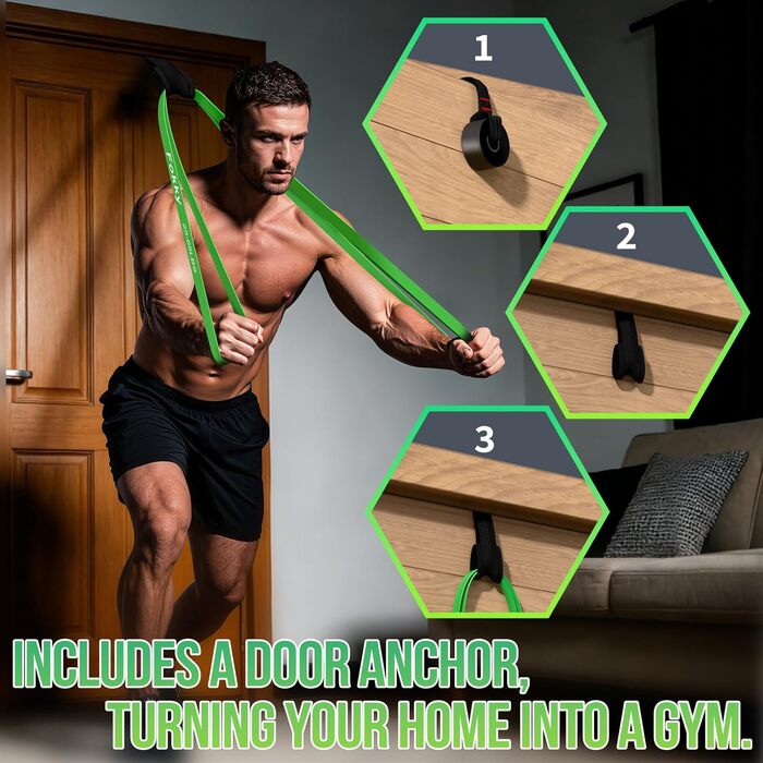 Набір еластичних стрічок для фітнесу Resistance Bands (4 рівні), з дверним кріпленням, постер, сумка. Для розтяжки, силових тренувань, кросфіту, нарощування м'язів, домашніх тренувань. Оранжевий, червоний, зелений, синій