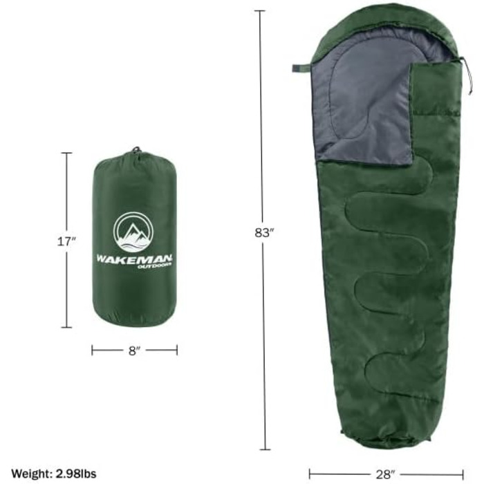 Спальний мішок Wakeman Outdoors для холодної погоди (-3.9°C), водонепроникний, з капюшоном та шнурком, зелений