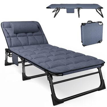 Розкладне шезлонг з регульованою спинкою в 4 положеннях, портативний багатофункціональний лежак для кемпінгу, саду, басейну, патіо - блакитний, з м'яким матрацом та подушкою