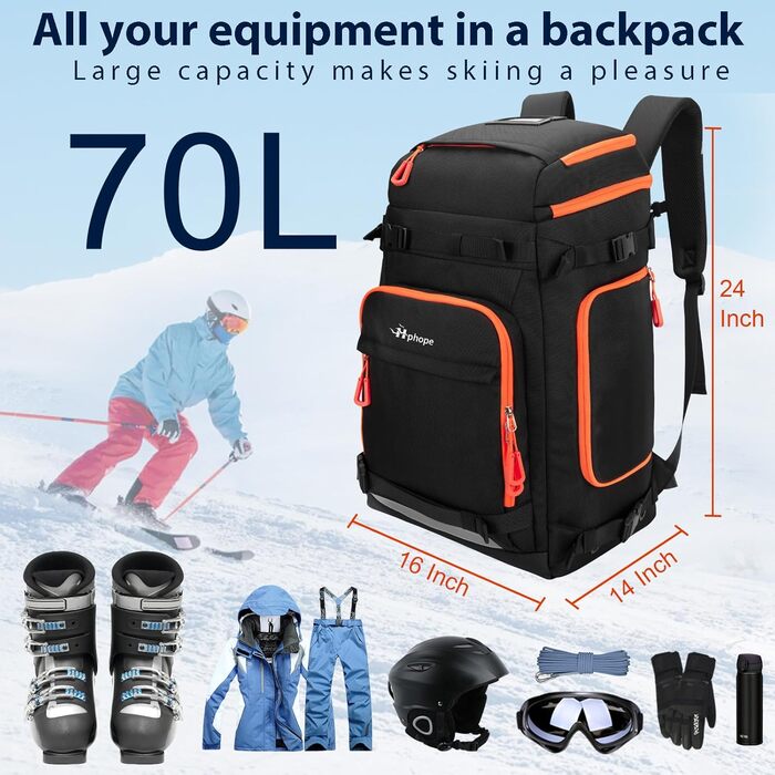 Чорний рюкзак для лиж та сноуборду HP з відділенням для шолома, 70L