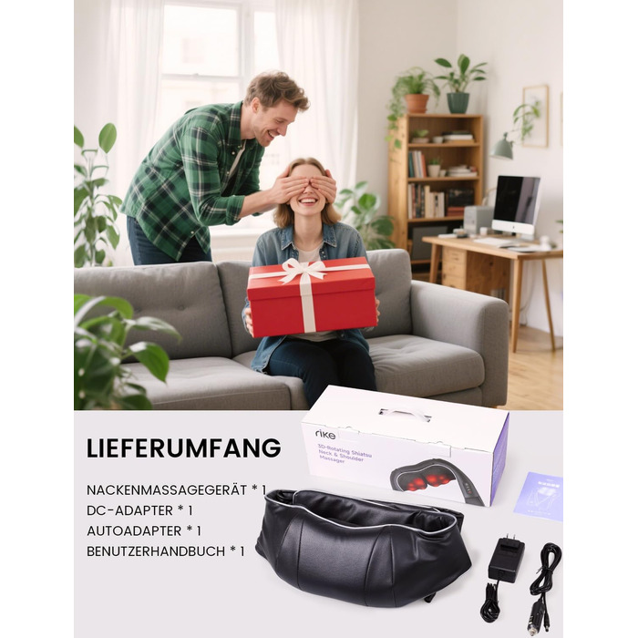 Масажер для шиї RIKE Shiatsu з підігрівом – 3D масажер для шиї, плечей та спини, з адаптерами для мережі та авто, глибокий масаж, подарунок на Різдво (сучасний)
