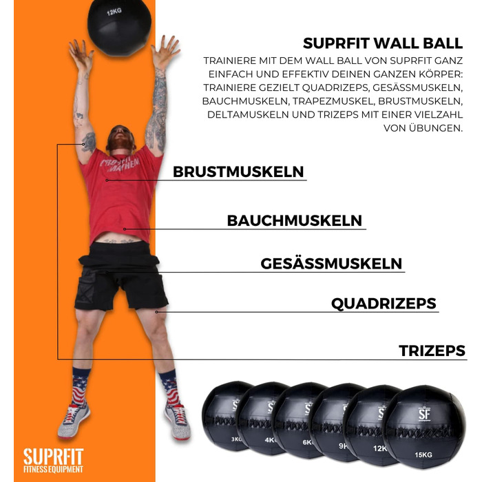 М'яч для фітнесу SUPRFIT 15 кг – для крос-тренувань та функціонального тренування, з м'яким наповнювачем та неслизькою поверхнею з ПВХ