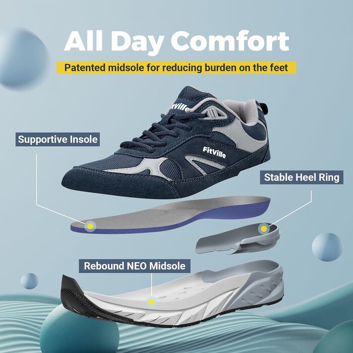 Кросівки FitVille для чоловіків: широкі бігові кросівки, спортивне взуття, неслизькі, дихаючі, для бігу по вулицях, outdoor, для джогінгу, фітнесу, зручні для широкої стопи (42.5 EU X-Wide, темно-синій з сірим)