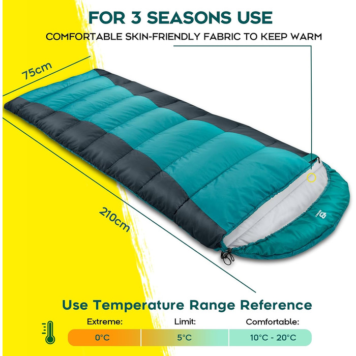 Спальний мішок Bessport Flannel для кемпінгу 3-4 сезони - 10°C-20°C | Зимовий, легкий, водонепроникний та теплий спальний мішок для дорослих та дітей, для подорожей з рюкзаком, кемпінгу, походів та подорожей. Фланелевий, блакитно-зелений (-5°C) (Поліестер