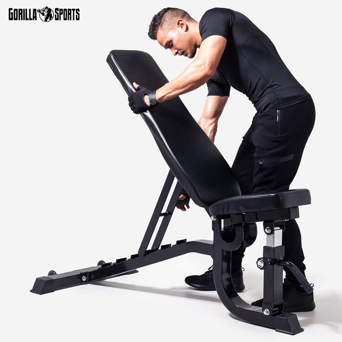 GORILLA SPORTS® універсальна лавка для жиму, сталева, чорна, 7-рівнева спинка, 5-рівневе сидіння, 140x72,5x54-138 см, багатофункціональна фітнес лава для тренувань, шраґ, плоска, негативна