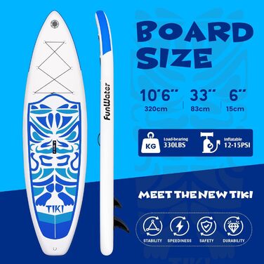 Надувний SUP-борд FunWater 10'6' та 11'6' з аксесуарами: весло, насос, рюкзак, плавники. Підходить для всіх рівнів підготовки. Рожевий та блакитний кольори.